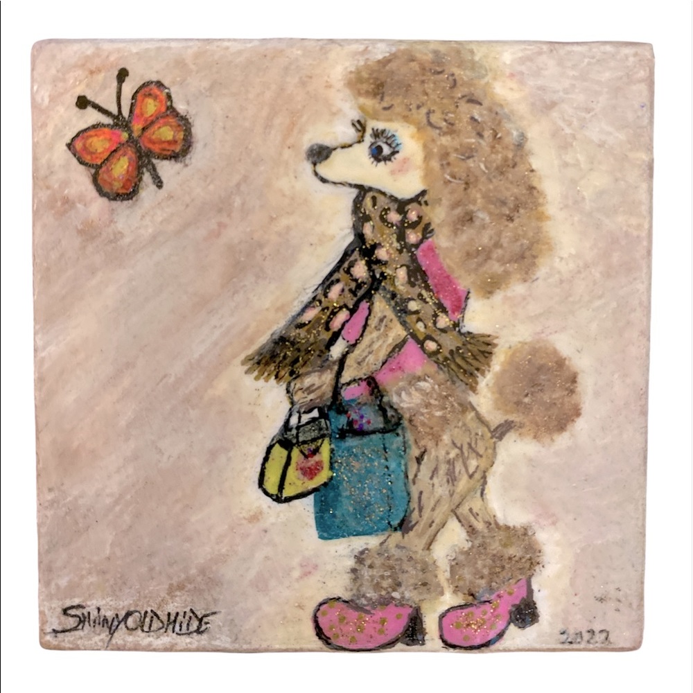 POODLE ART ORIGINAL ONE OF A KIND HAND PAINTED LEOPARD PRINT BUTTERFLY SIGNED